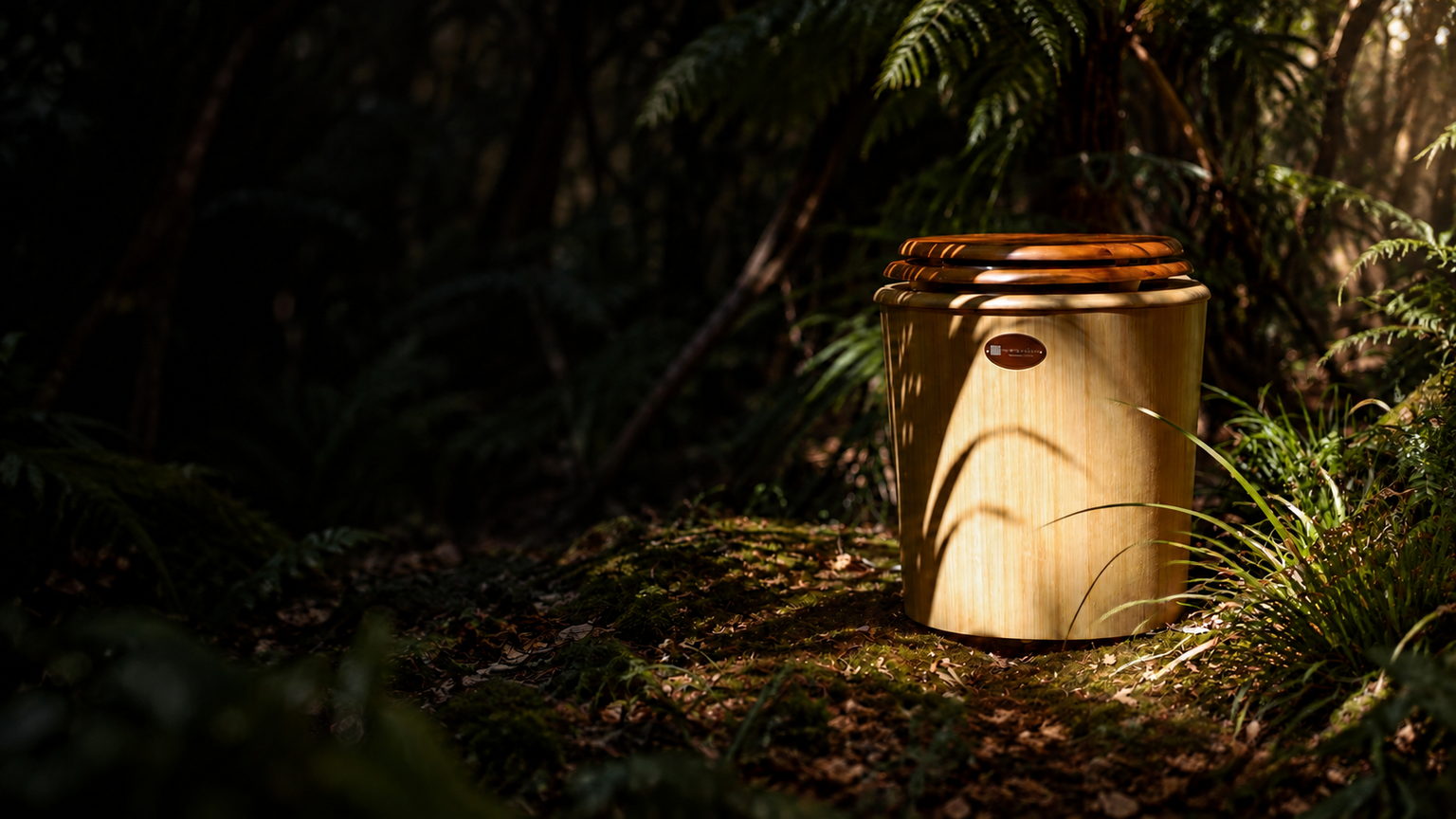 A bamboo commode with a dark timber lid standing on mossy ground in deep native bush, lit by one low shaft of sunlight, with ferns and tree trunks in shadow around it